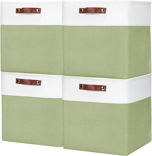 13x13 Cube Storage Bins, Collapsible Fabric Storage Box, 4 Pack Closet Baskets with Handles for Organizing, Shelf, Toys, Clothes, Home, Office, Nursery (Green&White)-CubbioJoy