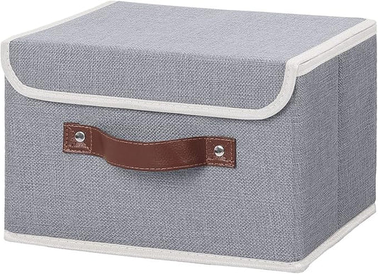 ANMINY Storage Bin with Lid Storage Boxes with PU Leather Handles PP Plastic Board Decorative Foldable Lidded Cotton Linen Fabric Home Cubes Baskets Closet Organizer Container - Gray, Small Size-CubbioJoy