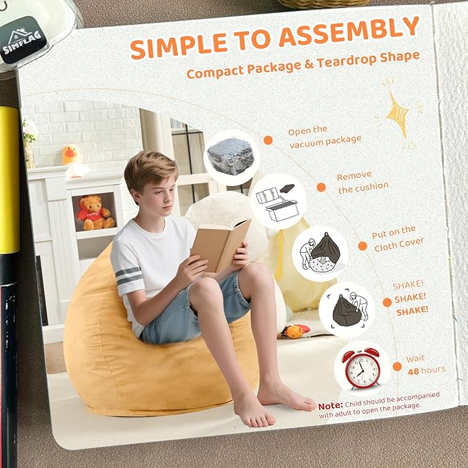 2FT Bean Bag Chair, Comfy Bean Bag Chairs with Memory Foam Filled, Fluffy Beanbag Sofa with Dutch Velvet Cover, Teardrop BeanBag Chairs for Living Room, Playroom - Mustard-CubbioJoy