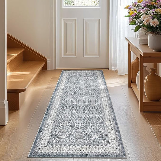 jinchan Floral Runner Rug 2x5 - Machine Washable Grey Vintage Distressed Design Soft Non-Slip Low-Pile Ultra-Thin Runner Rug for Kitchen Hallway Laundry Room Entryway Farmhouse (2‘x5',Grey)-CubbioJoy