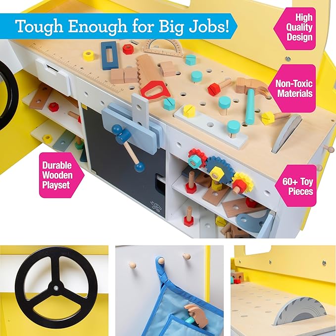 Construction Truck Wooden Playset w 60+ Toy Pieces- Pretend Hammer Saw Bolts & Screws- Spinning Turn Saw, Steering Wheel, Wood to Pull Apart- Dual Sided Play Stand Center, Workbench Building Kids Gift-CubbioJoy