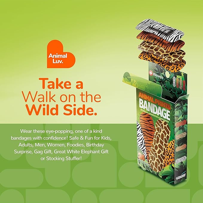 BioSwiss Bandages, Animal Prints Self Adhesive Bandage, Leopard, Zebra, Giraffe, and Tiger Print Designs, Latex Free Sterile Wound Care, Standard Shape for Kids and Adults, 24 Count-CubbioJoy