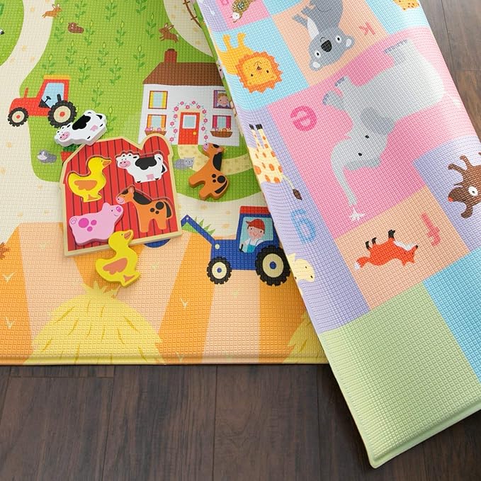 Baby Care Play Mat - Playful Collection (Busy Farm, Large) - Play Mat for Infants – Non-Toxic Baby Rug – Cushioned Baby Mat Waterproof Playmat – Reversible Double-Sided Kindergarten Mat-CubbioJoy