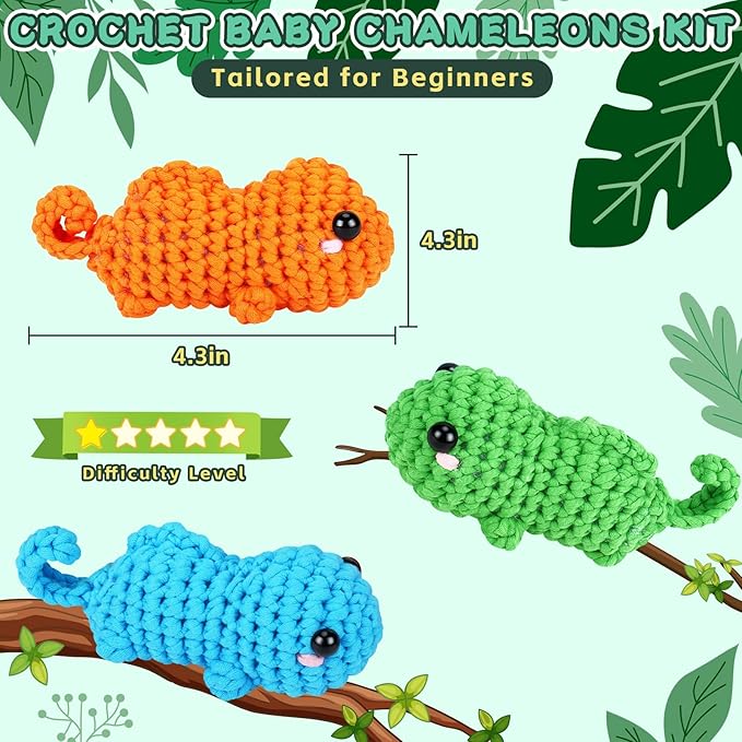Crochet Kit for Beginners - 3 PCS Baby Chameleon Crochet Kits with Step-by-Step Video Tutorials, Beginner Crochet Kit for Adults Kids, Chameleon Crocheting Set (Orange&Blue&Green)-CubbioJoy