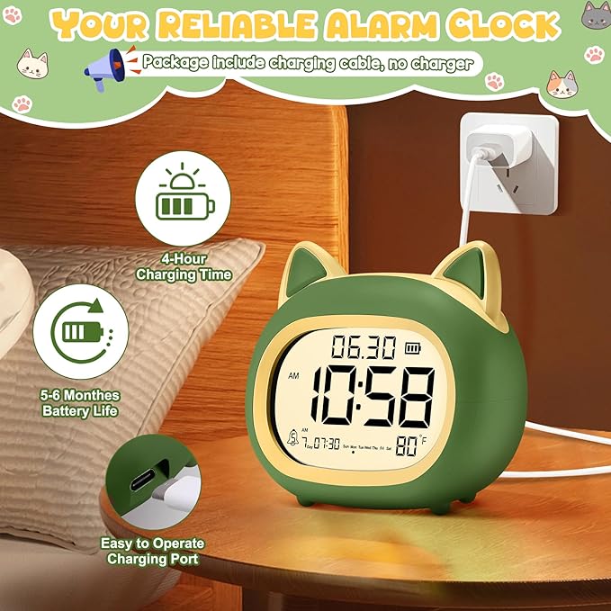 Kids Alarm Clock with Night Light for Kids, Small Digital Alarm Clocks for Bedrooms, Routine Builder, Cute Cat Alarm Clock with Sleep Training, Snooze, 12/24H, Date & Day, Temperature, USB Port-CubbioJoy