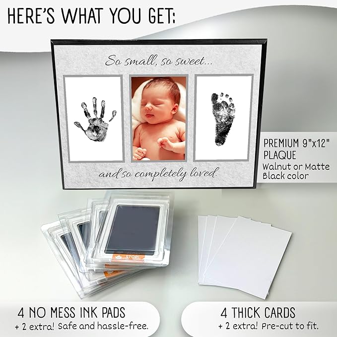 Baby Hand and Footprint Kit with Photo & Birth Details, Inkless Hand and Footprint Kit, Newborn Keepsake Plaque, Baby Shower Gifts (STYLE 2 (Baby Shower) (So Small, So Sweet))-CubbioJoy