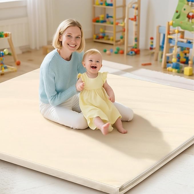 Baby Play Mat 47x47 Inches, Extra Thick 1.2" Foam Floor Mat for Tummy Time & Crawling, Waterproof Non-Slip Faux Leather Playpen Mat for Infants Toddlers, Indoor Outdoor Gym Activity, Beige-CubbioJoy