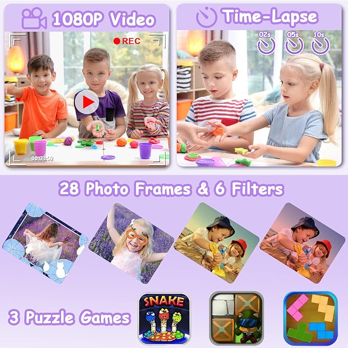 Agoigo Kids Waterproof Camera - Children Underwater HD Video Digital Camcorder, Portable Travel Toy for Toddler - Ideal Christmas Birthday Gifts for Boys Girls Age 3-12 with 32GB Card (Purple)-CubbioJoy
