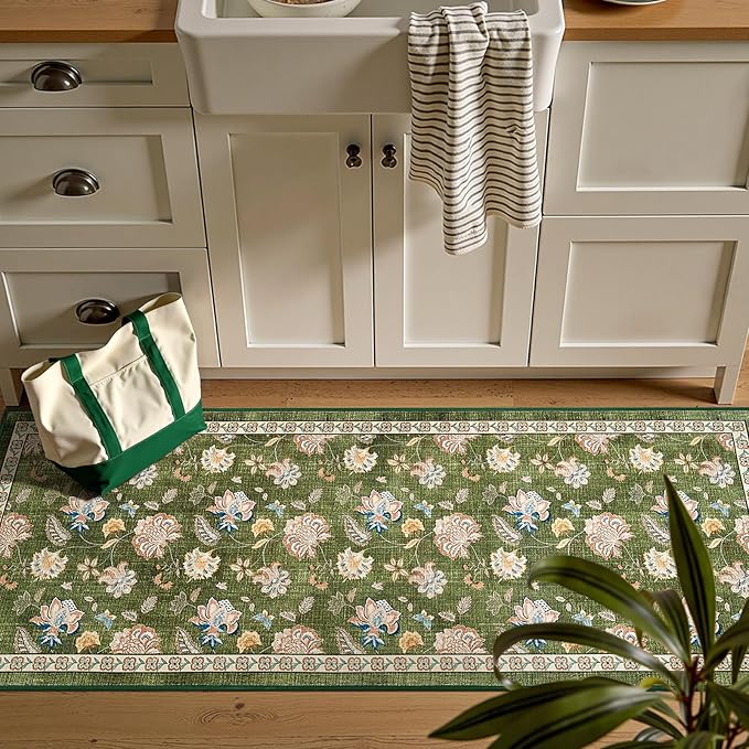 jinchan 2x5 Floral Runner Rug for Hallway Washable Kitchen Runner Vintage Romance Design Non Slip Thin Indoor Floor Cover Low-Profile Throw Carpet for Entryway Bathroom Bedroom Porch, Green-CubbioJoy