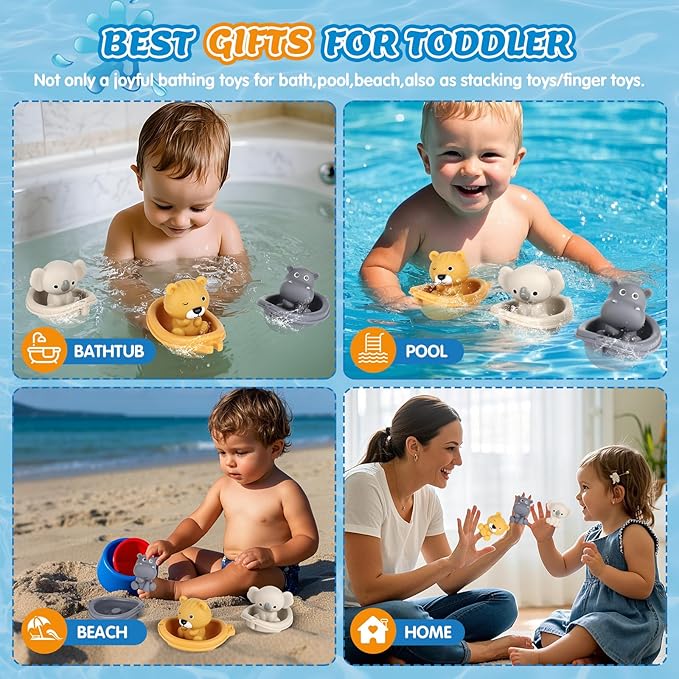 Bath Pool Toys for Toddler, Stacking Toys with 3 Boat 3 Sensory Finger Puppets, Toddler Toys Gifts for 2-4 Year Old Boy Girl, Model B-CubbioJoy