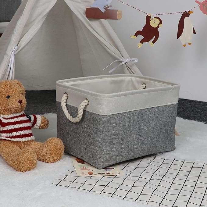 Bidtakay Baskets Set of 3 Storage Baskets for Organizing Large Fabric Storage Bins for Shelves Decorative Canvas Bins Collapsible Empty Baskets for Closet,Nursery,Clothes,Toys,Shoes(White&Grey)-CubbioJoy