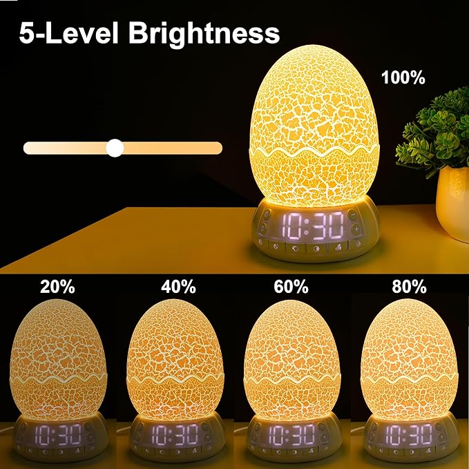 Dinosaur Egg Shape Touch Control Night Light with Pattern Inside, Digital Alarm Clock with Wake Up Light, 20 Soothing Sleep Training Sound and Bluetooth Speaker Box (2025 Style)-CubbioJoy