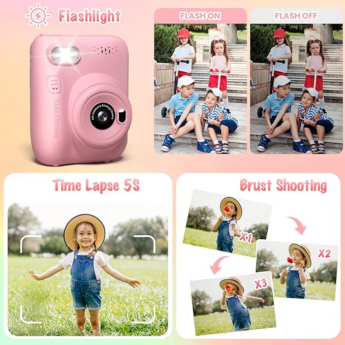 Instant Print Camera for Kids, 3.0" HD 32MP Kids Camera 1080P with 3 Rolls of Printer Paper, Birthday Gifts Toy for 3-12 Year Old Girls Boys with 32GB SD Card-Pink-CubbioJoy
