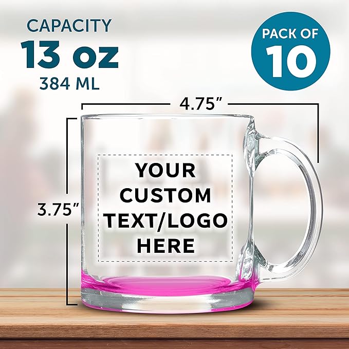 Custom Libbey Clear Glass Coffee Mugs 13 oz. Set of 10, Personalized Bulk Pack - Perfect for Coffee, Tea, Espresso, Hot Cocoa, Other Beverages - Pink Bottom-CubbioJoy