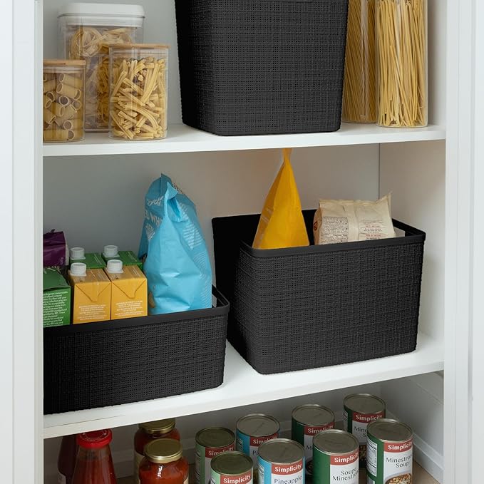 Curver Jute Large Decorative Plastic Organization and Storage Baskets, Perfect Bins for Home Office, Closet Shelves, Kitchen Pantry and All Bedroom Essentials, Pack of 4, Black-CubbioJoy