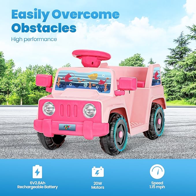 6V Toddler Ride On Car Interactive Electric Car with Horn LED Front Light Rear Storage Ocean Theme Perfect for Boys & Girls 18+ Months Safe Fun and Exciting for Little Explorers(Pink Ocean)-CubbioJoy