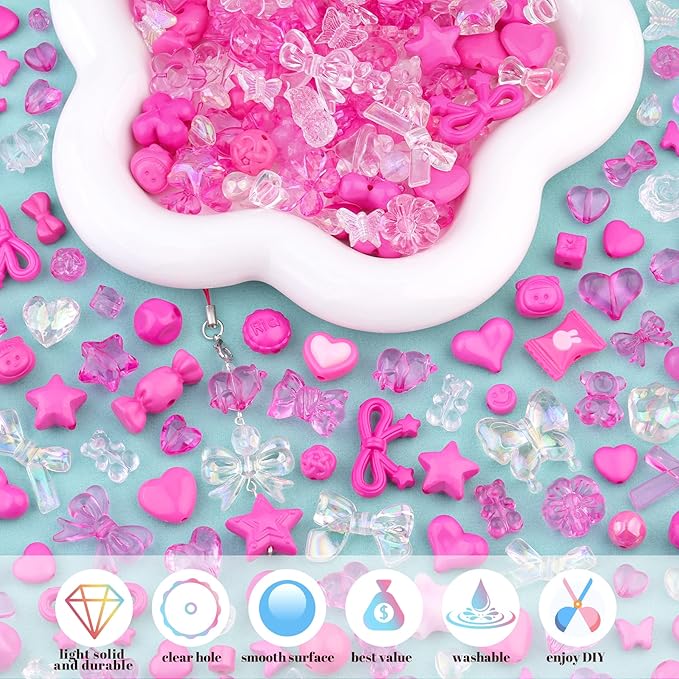 Assorted 170-230PCS Rose Pink Acrylic Beads for Bracelet Making, Flower Bow Butterfly GummyBear Aesthetic Bracelet Charms,Cute Beads for Jewelry Making DIY Necklace Keychain Phone Charm-CubbioJoy