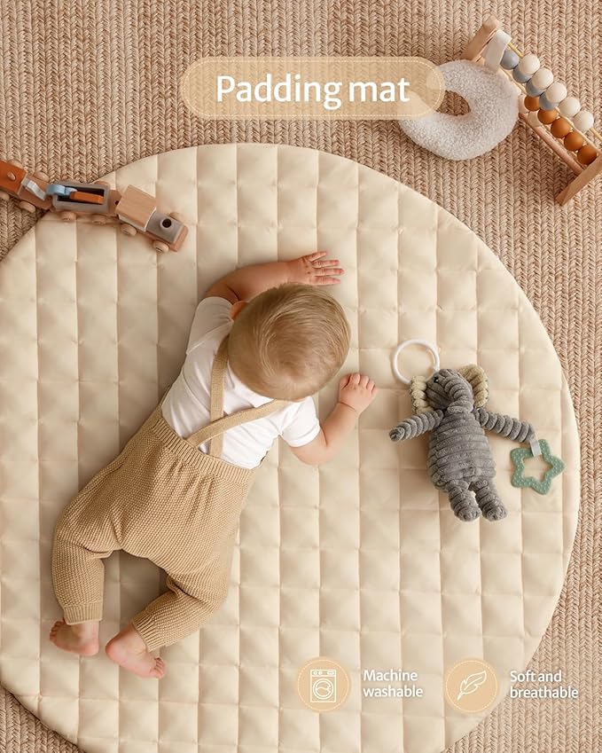 Blissful Diary Baby Play Gym Mat, Tummy Time Activity Mat with 6 Detachable Toys for Stage-Based Sensory & Motor Skill Development, Easy to Install & Clean, Baby Essentials Gift, Sandy Beige-CubbioJoy