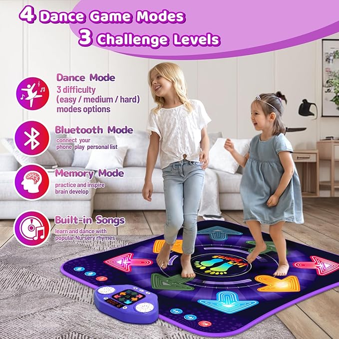 Dance Mat Toys for 3-12 Year Old Girls Boys, Dance Pad with Light Up 8-Buttons & Bluetooth, Music Dance Game with 7 Game Modes, Christmas Birthday Gifts for 3 4 5 6 7 8 9 10+ Year Old Girls Boys-CubbioJoy