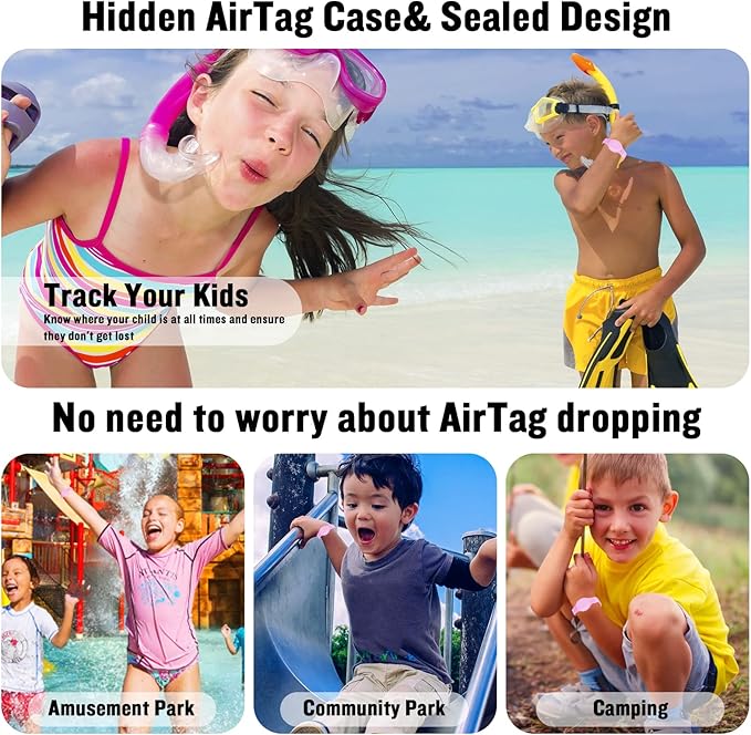 2 Pack Waterproof AirTag Bracelet for Kids, Hidden Silicone Wristband for AirTag, GPS Tracker Case for Air Tag Holder Strap Band for Child Toddler, Secure Anti-Loss Protection(Pink Purple)-CubbioJoy