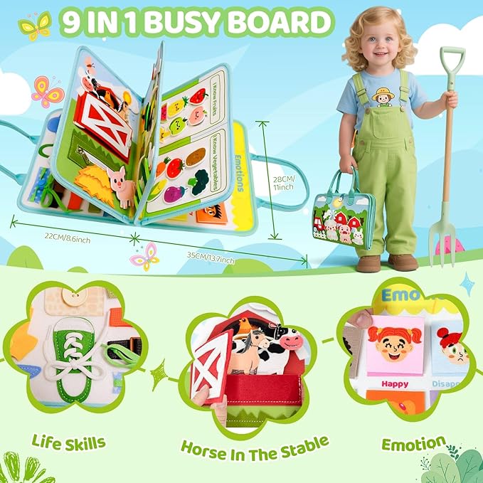 Busy Book for Toddlers 1-3 - Farm Montessori Toys Busy Board for 1 Year Old Boy Girl Gifts Educational Learning Activity Book Toddler Airplane Travel Toy 1+ Years Old Birthday Gift-CubbioJoy
