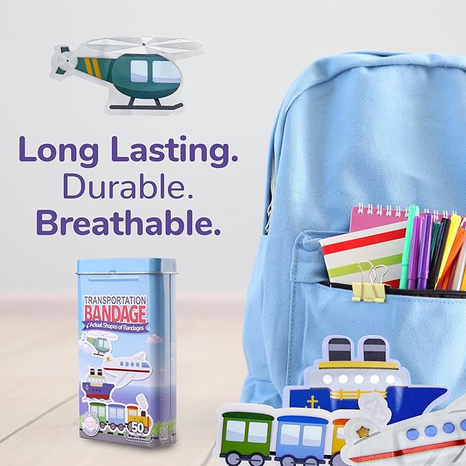 BioSwiss Bandages, Transportation Shaped Self Adhesive Bandage, Latex Free Sterile Wound Care, Fun First Aid Kit Supplies for Kids, 50 Count-CubbioJoy