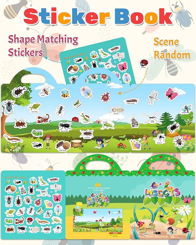 Benresive Reusable Sticker Book for Toddlers 2-4 Years, Fun Travel Stickers for Kids, Waterproof Sticker Books for Toddlers 1-3, Crafts Activities for Todddlers 1-3 2-4 3-5 - Insect-CubbioJoy