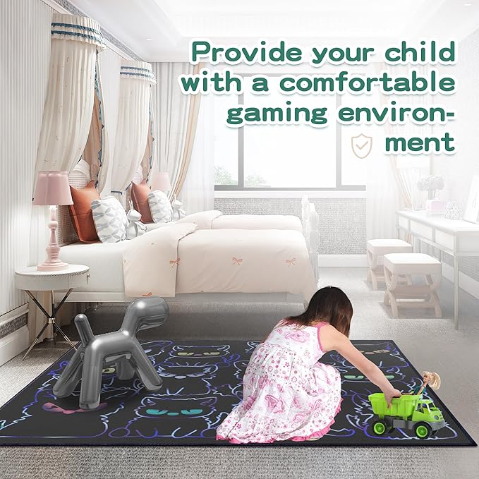 Black Play Cat Rug for Playroom for Boys Girls 3x4 Funny Cute Cat Cartoon Decor for Bedroom Living Room Non-Slip Comfy Floor Casual Mat Carpet Washable-CubbioJoy