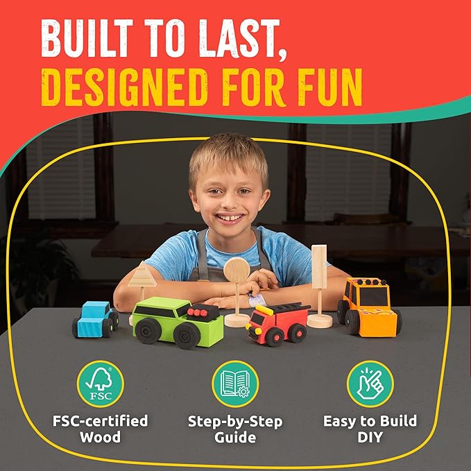DIY Wood Building Kits, STEM Woodworking Kit for Kids, Creative Fun Craft Projects, Great Gift for Boys & Girls (Wooden Cars, 1-Pack)-CubbioJoy