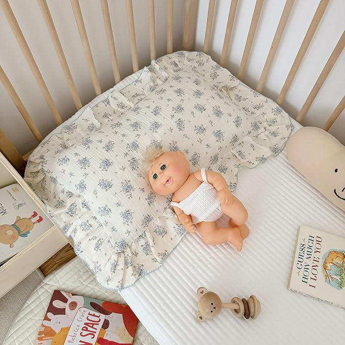 BuLuTu Cotton Muslin Toddler Pillowcases with Blue Flowers Print Soft Breathable Gauze Small Pillow Case for Toddler Boys Girls Nursery Decor, Shower Gift, 14"x20", 1 pc-CubbioJoy