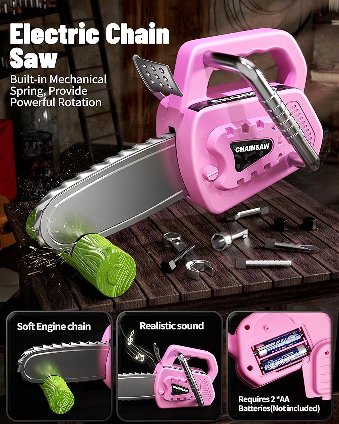 Deejoy 54Pcs Large Kids Tool Set with Electric Saw & Electronic Toy Drill, Pretend Play Kids Construction Set for Toddler 3-5 Years Old, Toddler Tool Set-Pink-CubbioJoy