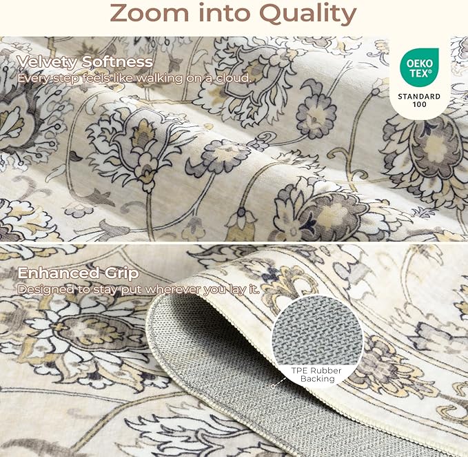 9x12 Neutral Area Rug for Living Room, Washable Large Rugs, Vintage Floral Soft Carpet, Non Slip & Low Pile, Wool Carpets for Indoor Bedroom Dining Home Playroom Office Under Table, Beige-CubbioJoy