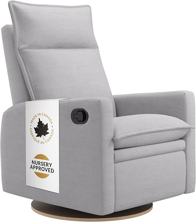 Jaymar Arya Modern Nursery Glider Recliner Chair – Cozy Nursing Chair with 360° Swivel for New Parents, Gentle Motion, Compact Design, High Back & Low Armrests, Canadian Made (Dove Grey/Como Fabric)-CubbioJoy