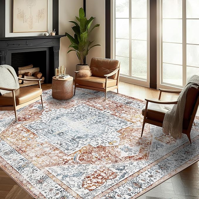 Area Rug 10x14 Washable Tangerine Vintage Traditional Mat Distressed Indoor Foldable Thin Retro Accent Floral Non Slip Carpet for Living Room Dining Room Office-CubbioJoy