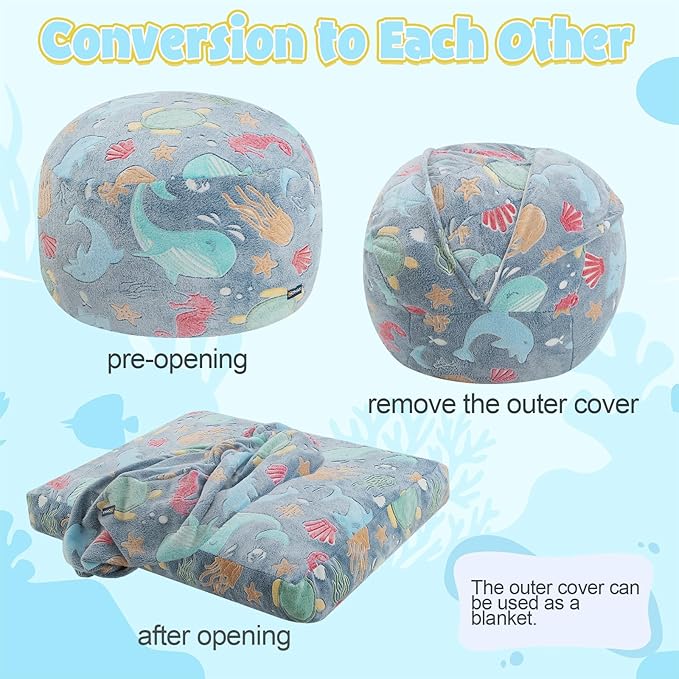 COMAX Kids Bean Bag Chair Turn into Beanbag Bed, Toddler Bean Chair for Girl Boy Sleeping, Lazy Children Bean Bags with Filler, Convertible Child Floor Mattress, Ocean Life-CubbioJoy