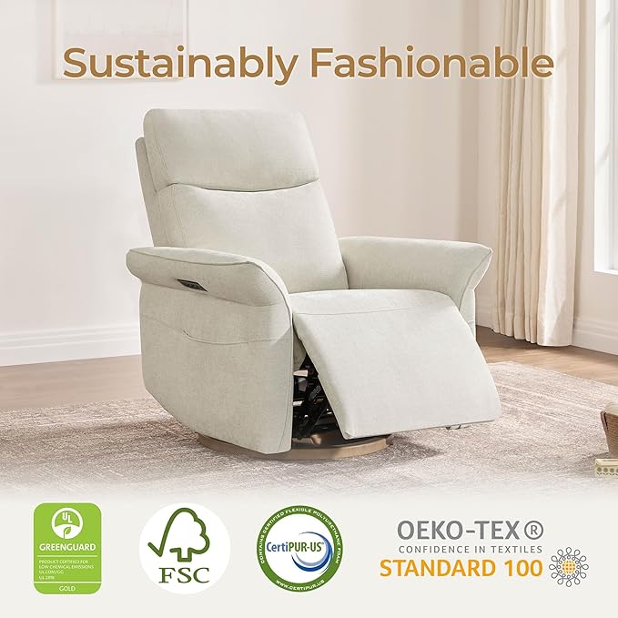 CHITA Power Recliner Chair, Electric Triple-Motor Swivel Glider Nursery Rocking Chair with Adjustable Power Headrest and Lumbar Support, GREENGARD Gold Certified, Solid Wood Base, Linen-CubbioJoy