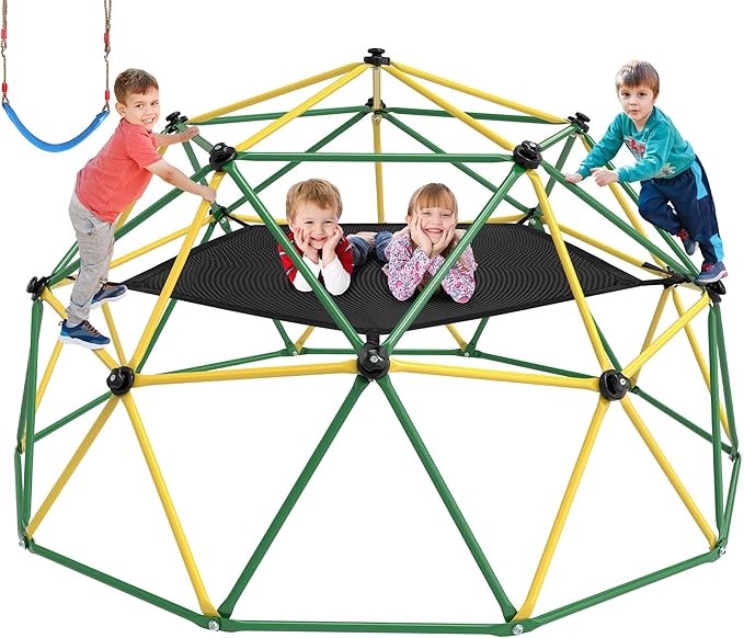 Climbing Dome, 10FT Dome Climber with Hammock & Swing for Kids 3-10, Kids Outdoor Jungle Gym Supports 1000lbs, Easy Assembly Playground Jungle Gym Backyard Play Equipment, Yellow+Green-CubbioJoy