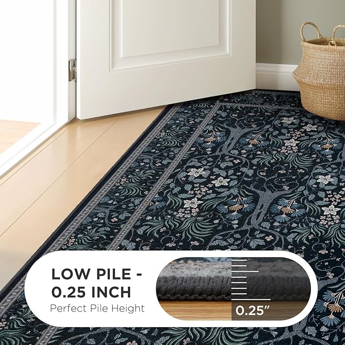 Joydeco Machine Washable Area Rugs 5x7, Boho Floral Rug for Bedroom Non Slip, Soft Forest Botanical Low-Pile Floor Indoor Throw Carpet for Living Dining Room Dorm Office, Blue-Black-CubbioJoy
