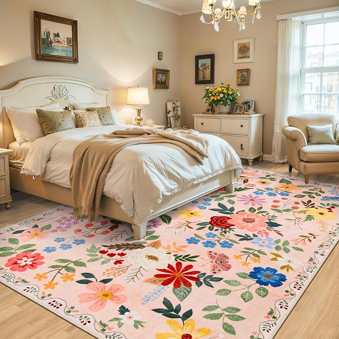 Area Rug Living Room Rugs: Floral 5x7 Washable Rug Vintage Soft Boho Non-Slip Carpet Indoor Floor Stain Resistant Large Carpets for Bedroom Dining Room Farmhouse Nursery Hallway Home Office Beige-CubbioJoy