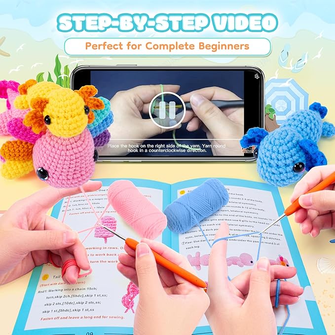 Crochet Kit for Beginners-3PCS Axolotl Crochet Kits for Adults Kids, Crochet Starter Kit with Step-by-Step Video Tutorials, Crochet Animals Kits DIY Craft Knitting Kit Learn to Crochet Kits for Adults-CubbioJoy