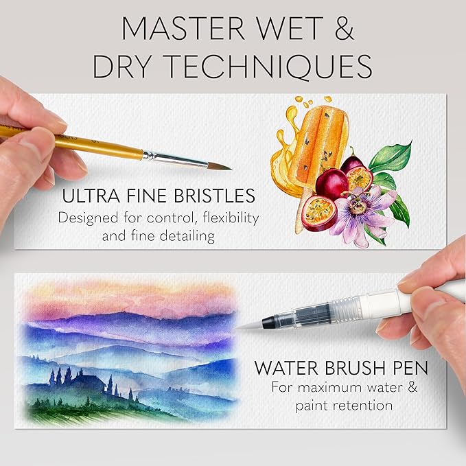 CHROMATEK Watercolor Paint Set – 50 Vivid Colors Including Transparent, Opaque & Pastel – Art Kit with Brush, Water Pen, Palette, Color Chart, Swatch Sheets, Pad & Metal Travel Case-CubbioJoy