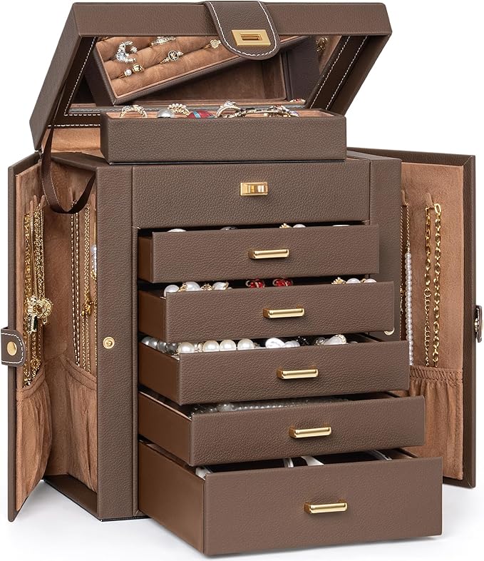 AKOZLIN 6-Tier Jewelry Box Organizer Functional 5 Drawers Leather Jewelry Storage Case for Women Girls Ring Necklace Earring Bracelet Holder Organizer with Mirror Brown-CubbioJoy