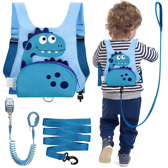 Dr.meter 3 in 1 Toddler Harness Leash + 8.2ft Anti Lost Wrist Link, Cute Dinosaur Kids Safety Harness with Key Lock, Child Walking Harness Assistant Strap for Outdoor Activity Travel-CubbioJoy