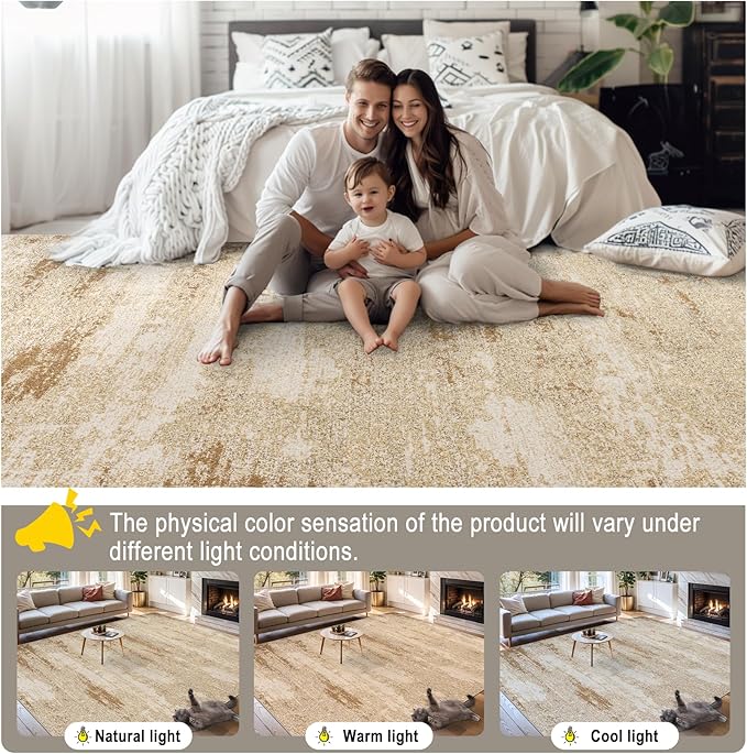 Area Rugs 9x12 Living Room - Washable Rug Modern Abstract Soft Large Neutral Non-Slip Carpet Indoor Floor Stain Resistant Thin Carpets for Bedroom Dining Room Farmhouse Nursery Home Office Beige-CubbioJoy