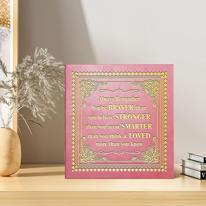 Inspirational Leather Photo Album,Magnetic Self-Stick Page Photo Album,Family Album,Hand Made DIY Albums Holds 3x5, 4x6, 5x7, 6x8 Photos (pink-always remember)-CubbioJoy