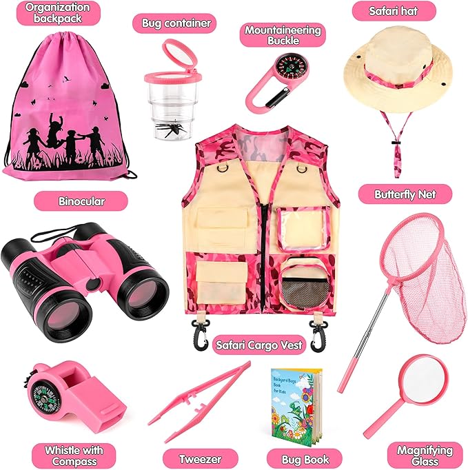 INNOCHEER Kids Explorer Kit & Bug Catcher Kit & Safari Costume Kit, Outdoor Exploration Set with Hat, Vest, Butterfly Net and Bugs Book for Boys Girls 3-12 Years Old (Camouflage Pink)-CubbioJoy
