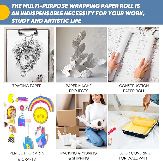 Art Paper Roll for Crafts, Drawing & Painting, 17.75"x1200" (100') White Gift Wrapping Craft Kraft Bulletin Board Poster Banner Coloring Paper, Kids Art Supplies, Wedding Floral Supplies 80GSM 55LB-CubbioJoy