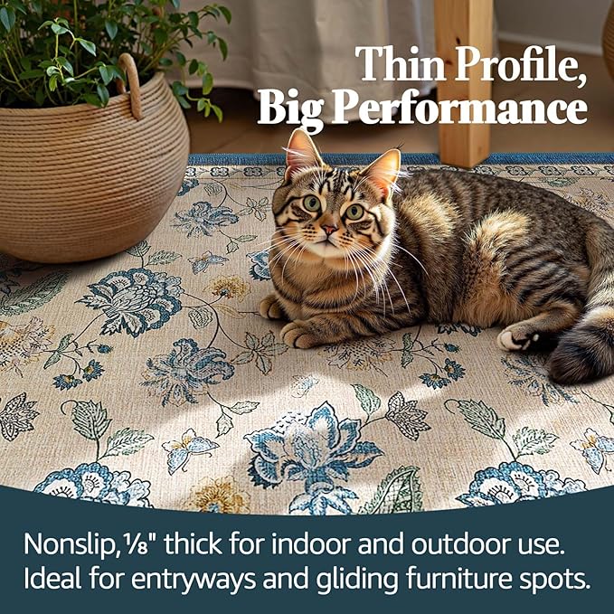 jinchan Floral Corner Rug for Living Room Washable Bedroom Rug Vintage Romance Design Non Slip Quarter Circle Lightweight Low-Pile Throw Carpet for Reading Nook Playroom,6ft Radius, Blue/Beige-CubbioJoy