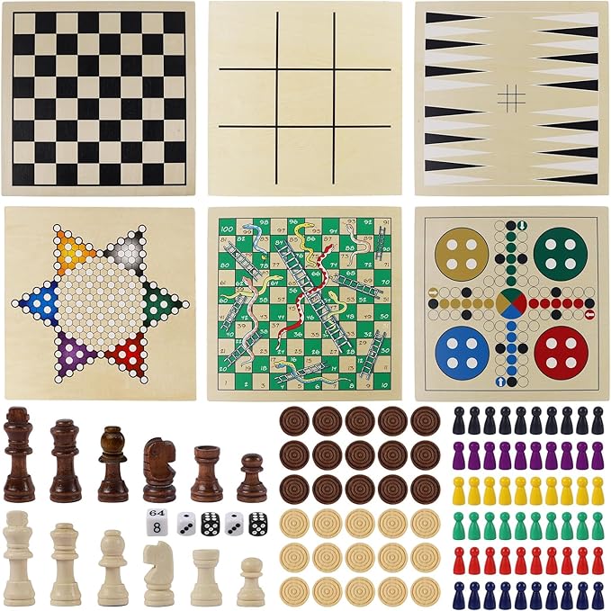 Juegoal 7-in-1 Wooden Board Game Set for Kids Adults, Tabletop Combo Classic Travel Portable Board Games (Chess, Checkers, Chinese Checkers, Backgammon, Parcheesi, Snakes and Ladders, Tic Tac Toe)-CubbioJoy