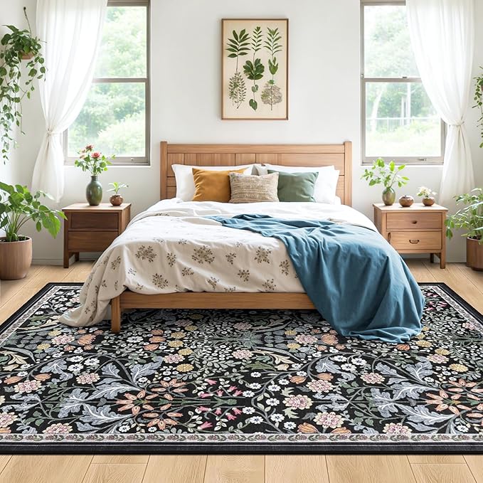 Area Rug Living Room Rugs: Floral 5x7 Washable Rug Vintage Soft Boho Non-Slip Carpet Indoor Stain Resistant Large Carpets for Bedroom Dining Room Farmhouse Nursery Hallway Home Office Dark Black-CubbioJoy